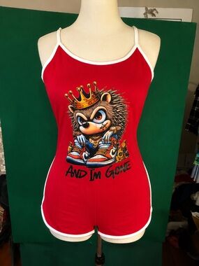Red Sleeveless Graphic Romper with Crowned Hedgehog Print